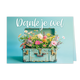 Dank je wel - Formaat: Klein - Vorm: Liggend - Bedankkaart - Op deze wenskaart staat een koffer met bloemen en daarboven de tekst: "Dank je wel". - Snelwenskaart