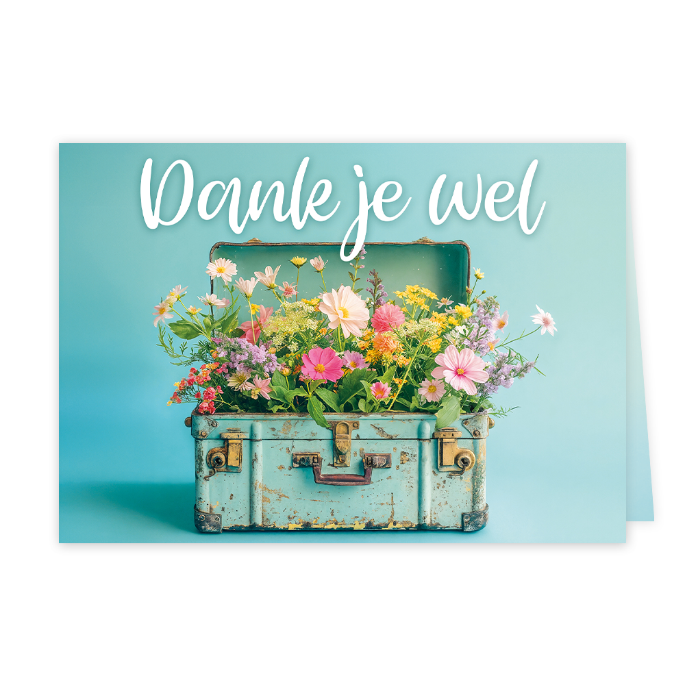 Op deze wenskaart staat een koffer met bloemen en daarboven de tekst: "Dank je wel".