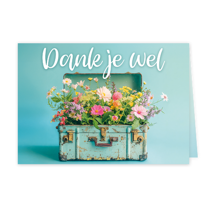 Op deze wenskaart staat een koffer met bloemen en daarboven de tekst: "Dank je wel".