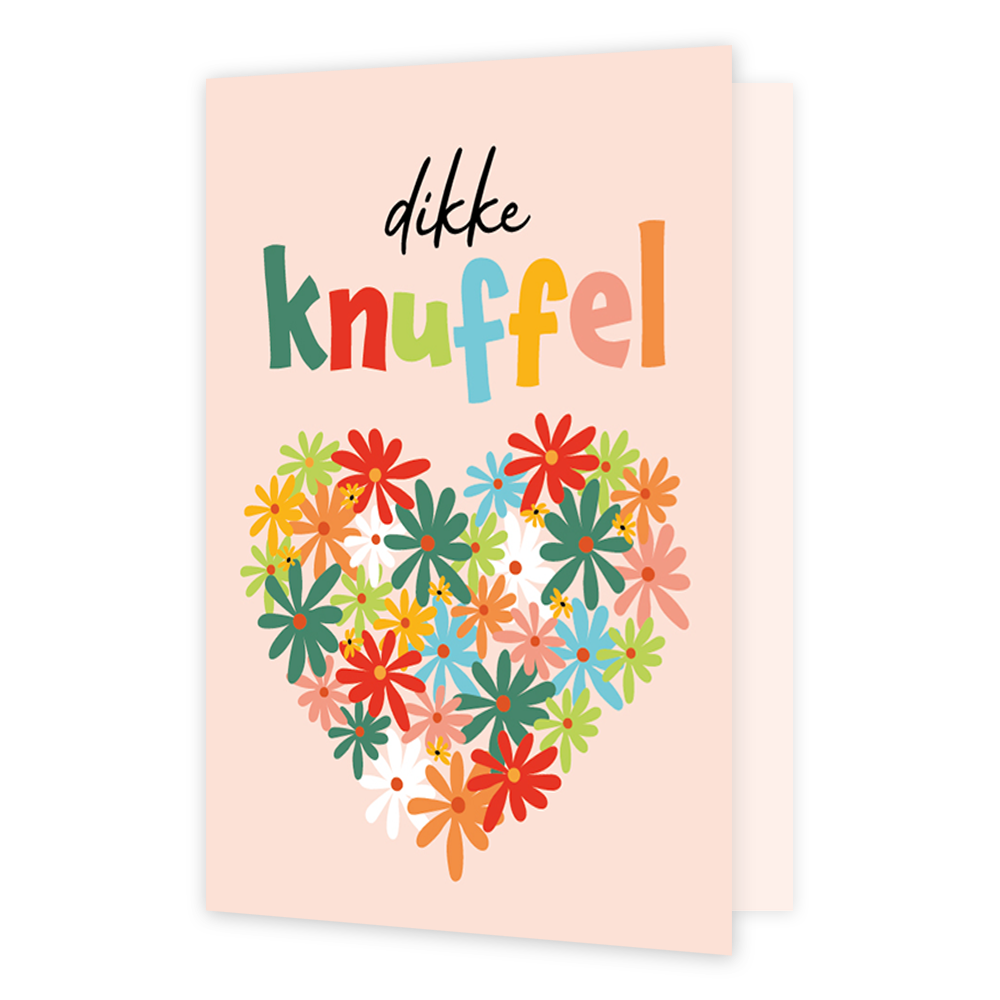Dikke knuffel - Formaat: Klein - Vorm: Staand - Vriendschapskaart - Op deze wenskaart staat een hartje gemaakt van bloemen in de kleuren rood, groen, blauw, geel, roze en wit. Daarboven staat de tekst: "Dikke knuffel". - Snelwenskaart