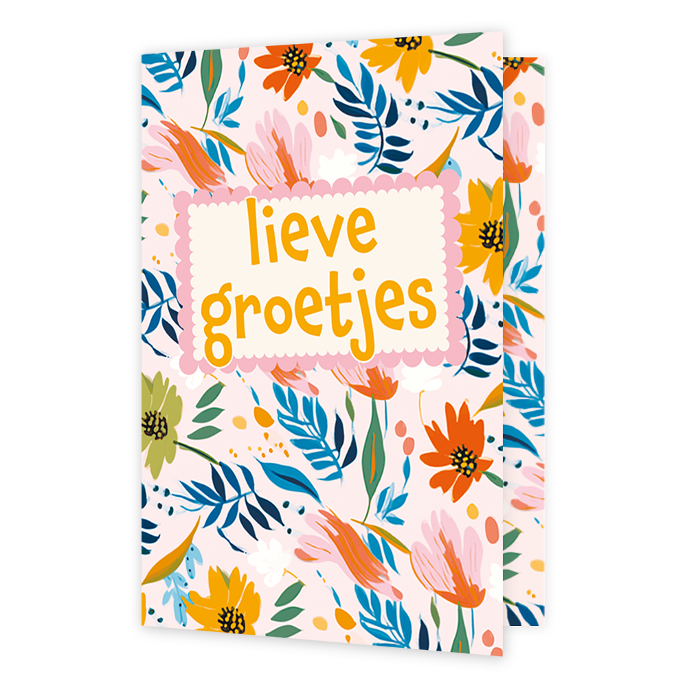 Lieve groetjes - Formaat: Klein - Vorm: Staand - Denken aan kaart - Op deze wenskaart staan bloemen en bladeren in de kleuren blauw, groen, roze, oranje en geel. In het midden staat de tekst: "Lieve groetjes". - Snelwenskaart