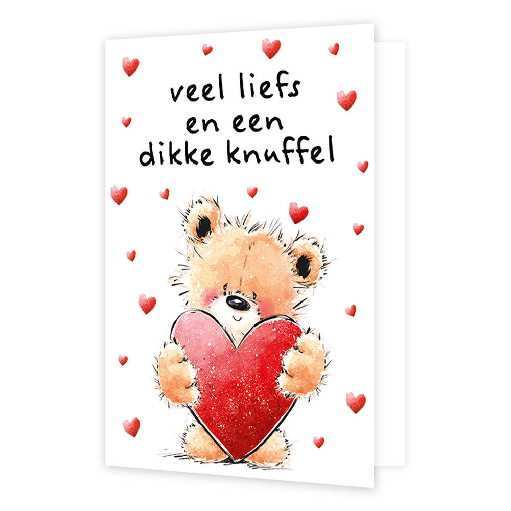 Veel liefs en een dikke knuffel - Formaat: Klein - Vorm: Staand - Liefdeskaart - Op deze wenskaart staat een pluizige teddybeer afgebeeld die een groot, glinsterend rood hart vasthoudt. De achtergrond is wit en is versierd met meerdere kleine, rode hartjes die om de beer heen zweven. Bovenaan staat in zwarte, handgeschreven letters de tekst "veel liefs en een dikke knuffel". De gehele illustratie heeft een zachte, warme uitstraling. - Snelwenskaart
