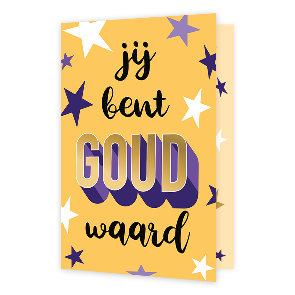 Jij bent goud waard - Formaat: Klein - Vorm: Staand - Complimentenkaart - Op deze wenskaart staan sterren in de kleuren wit en diverse kleuren paars. In het midden staat de tekst: "Jij bent goud waard". - Snelwenskaart