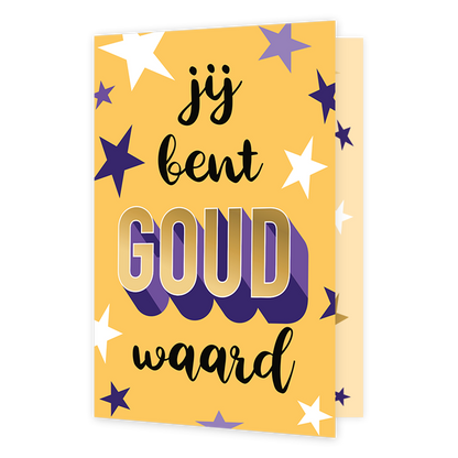 Jij bent goud waard - Formaat: Klein - Vorm: Staand - Complimentenkaart - Op deze wenskaart staan sterren in de kleuren wit en diverse kleuren paars. In het midden staat de tekst: "Jij bent goud waard". - Snelwenskaart