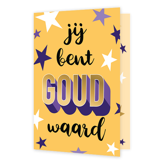 Jij bent goud waard - Formaat: Klein - Vorm: Staand - Complimentenkaart - Op deze wenskaart staan sterren in de kleuren wit en diverse kleuren paars. In het midden staat de tekst: "Jij bent goud waard". - Snelwenskaart