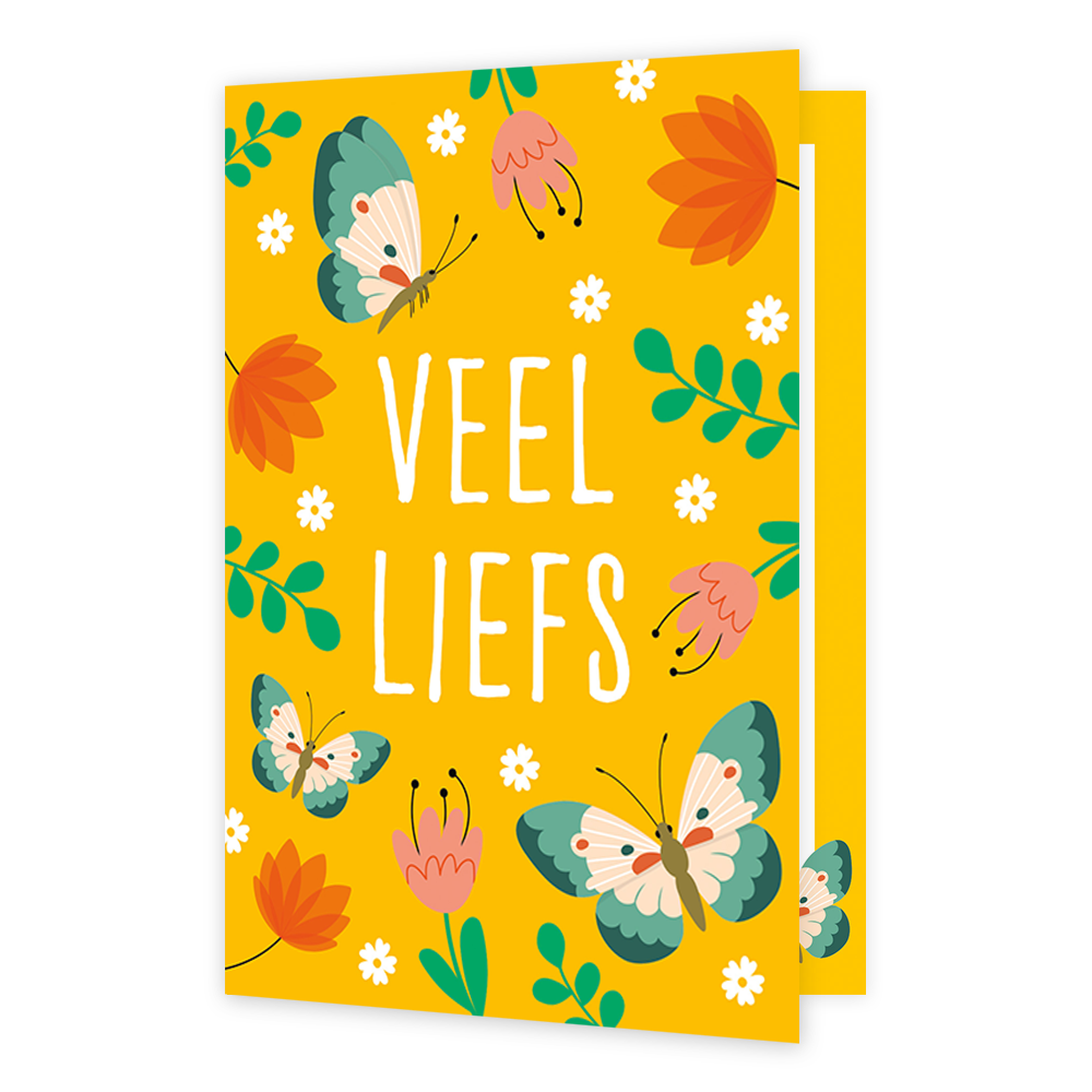 Veel liefs - Formaat: Klein - Vorm: Staand - Liefdeskaart - Op deze wenskaart staat de tekst "VEEL LIEFS" centraal in grote, witte letters afgebeeld tegen een felgele achtergrond. De illustratie is rondom de tekst versierd met kleurrijke vlinders, bloemen en bladeren in een gestileerde, vrolijke stijl. De vlinders hebben groenblauwe vleugels met roze accenten en de bloemen variëren in roze en oranje tinten. Het geheel oogt als een levendige en zonnige tekening. - Snelwenskaart
