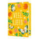 Op deze wenskaart staat de tekst "VEEL LIEFS" centraal in grote, witte letters afgebeeld tegen een felgele achtergrond. De illustratie is rondom de tekst versierd met kleurrijke vlinders, bloemen en bladeren in een gestileerde, vrolijke stijl. De vlinders hebben groenblauwe vleugels met roze accenten en de bloemen variëren in roze en oranje tinten. Het geheel oogt als een levendige en zonnige tekening.