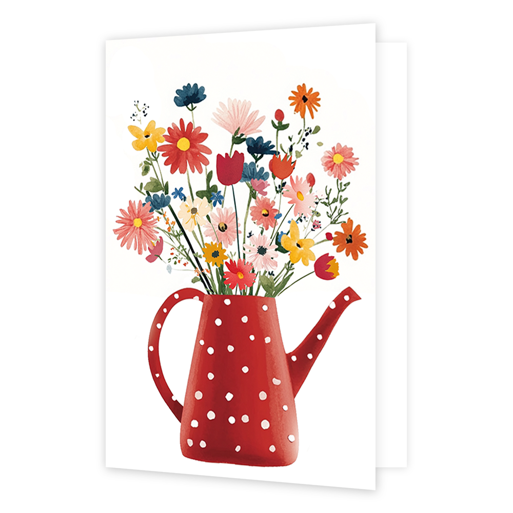 Gieter met bloemenboeket - Formaat: Klein - Vorm: Staand - Blanco kaart - Op deze wenskaart is een rood met witte stippen gieter te zien met daarin bloemen in de kleuren rood, roze, blauw, oranje en geel, op een witte achtergrond. - Snelwenskaart