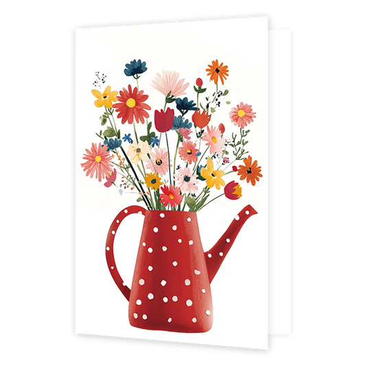 Gieter met bloemenboeket - Formaat: Klein - Vorm: Staand - Blanco kaart - Op deze wenskaart is een rood met witte stippen gieter te zien met daarin bloemen in de kleuren rood, roze, blauw, oranje en geel, op een witte achtergrond. - Snelwenskaart
