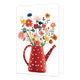 Gieter met bloemenboeket - Formaat: Klein - Vorm: Staand - Blanco kaart - Op deze wenskaart is een rood met witte stippen gieter te zien met daarin bloemen in de kleuren rood, roze, blauw, oranje en geel, op een witte achtergrond. - Snelwenskaart