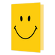 Smiley - Formaat: Klein - Vorm: Staand - Blanco kaart - Op deze wenskaart staat een iconisch en minimalistisch ontwerp van een smiley. De volledige voorzijde van de kaart heeft een heldere, warmgele achtergrond. In het midden zijn twee verticale zwarte ovalen afgebeeld als ogen, met daaronder een brede, zwarte gebogen lijn die een glimlach vormt, compleet met kleine opstaande streepjes aan de uiteinden. - Snelwenskaart