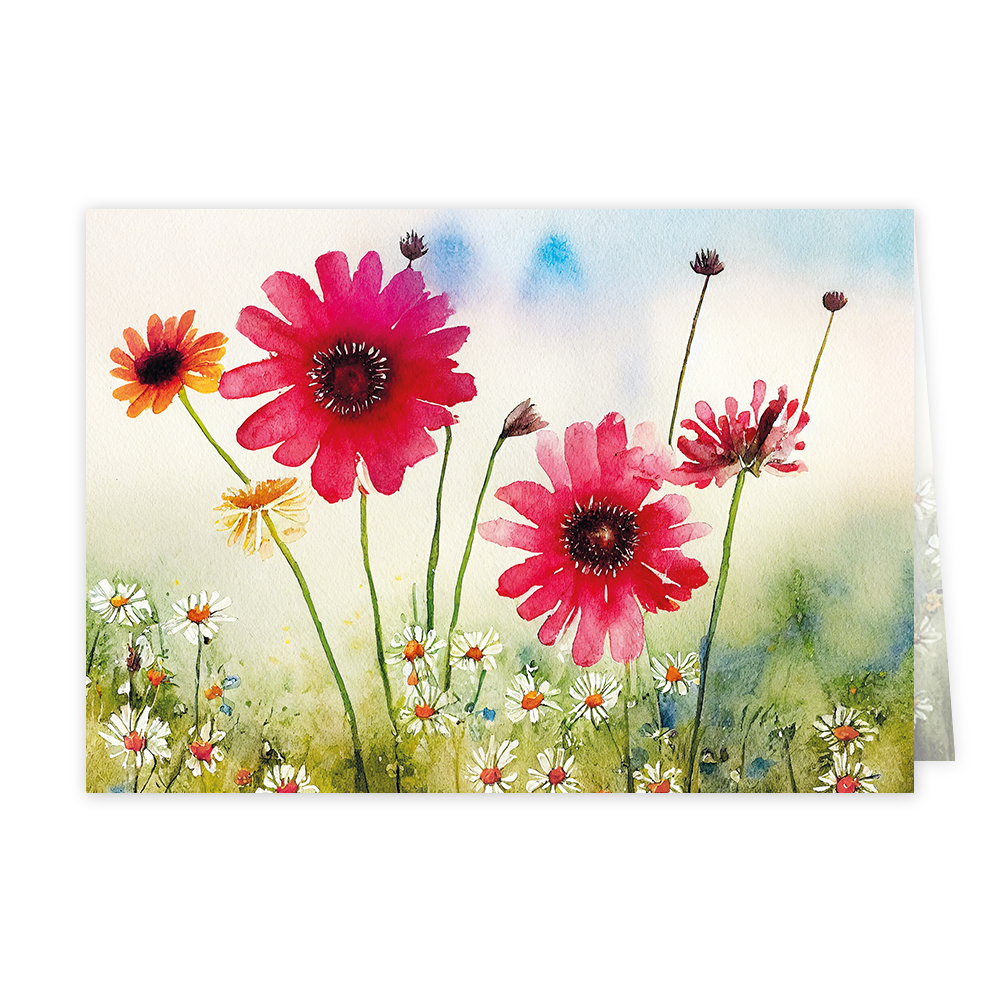 Bloemenveld - Formaat: Klein - Vorm: Liggend - Blanco kaart - Op deze wenskaart staan bloemen in de kleuren roze en oranje, in een bloemenveld. - Snelwenskaart
