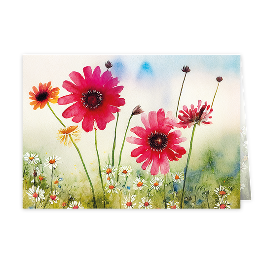Bloemenveld - Formaat: Klein - Vorm: Liggend - Blanco kaart - Op deze wenskaart staan bloemen in de kleuren roze en oranje, in een bloemenveld. - Snelwenskaart