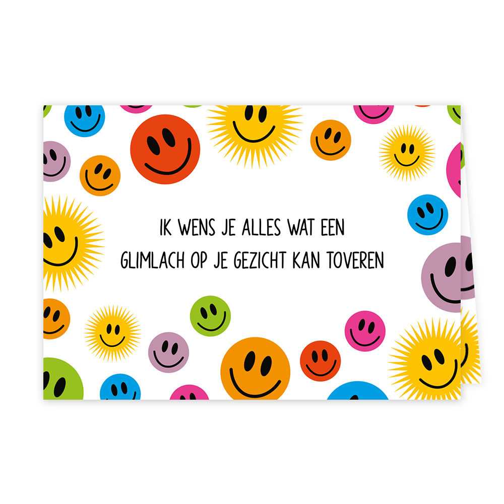 Glimlach op je gezicht - Formaat: Klein - Vorm: Liggend - Denken aan kaart - Op deze wenskaart staan smiley in diverse kleuren met in het midden de tekst: "Ik wens je alles wat een glimlach op je gezicht kan toveren". - Snelwenskaart