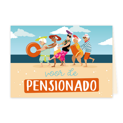 Voor de pensionado - Formaat: Klein - Vorm: Liggend - Pensioenkaart - Op deze wenskaart staan mensen die de polonaise lopen op het strand. Onder de mensen staat de tekst: "Voor de pensionado". - Snelwenskaart