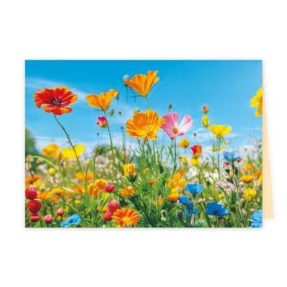Bloemen - Formaat: Klein - Vorm: Liggend - Blanco kaart - Op deze wenskaart is een kleurrijke bloemenweide te zien onder een helderblauwe lucht. De compositie toont diverse bloemen in felle kleuren zoals oranje, geel, roze en blauw, die vanuit een laag standpunt zijn gefotografeerd. Op de voorgrond zijn ook kleine, rode vruchten zichtbaar die tussen het groen uitsteken. Er is geen tekst op de illustratie aanwezig. - Snelwenskaart