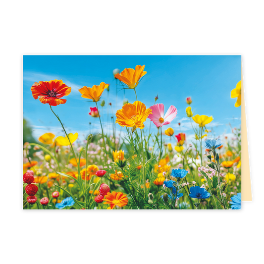 Bloemen - Formaat: Klein - Vorm: Liggend - Blanco kaart - Op deze wenskaart is een kleurrijke bloemenweide te zien onder een helderblauwe lucht. De compositie toont diverse bloemen in felle kleuren zoals oranje, geel, roze en blauw, die vanuit een laag standpunt zijn gefotografeerd. Op de voorgrond zijn ook kleine, rode vruchten zichtbaar die tussen het groen uitsteken. Er is geen tekst op de illustratie aanwezig. - Snelwenskaart