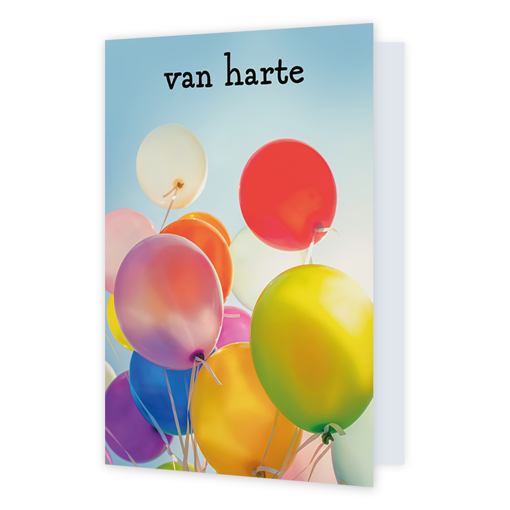 Op deze wenskaart staan balonnen met daarboven de tekst: "Van harte". 