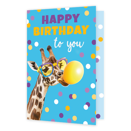 Happy birthday to you - Formaat: Klein - Vorm: Staand - Verjaardagskaart - Op deze wenskaart is een giraffe te zien die een gele balon opblaast op een blauwe achtergrond met stippen in de kleuren paars, geel en wit. Boven de giraffe staat de tekst: "Happy birthday to you". - Snelwenskaart