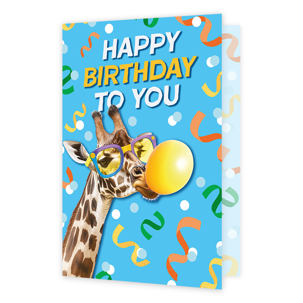 Happy birthday to you - Formaat: Klein - Vorm: Staand - Verjaardagskaart - Op deze wenskaart staat een giraffe afgebeeld die een zonnebril draagt en een gele kauwgombal blaast. Bovenaan de kaart staat in grote letters de tekst "HAPPY BIRTHDAY TO YOU". De achtergrond is blauw en is versierd met kleurrijke confetti en slingers. Het geheel heeft een vrolijke en feestelijke uitstraling. - Snelwenskaart