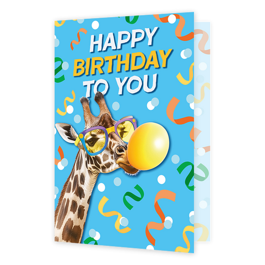 Happy birthday to you - Formaat: Klein - Vorm: Staand - Verjaardagskaart - Op deze wenskaart staat een giraffe afgebeeld die een zonnebril draagt en een gele kauwgombal blaast. Bovenaan de kaart staat in grote letters de tekst "HAPPY BIRTHDAY TO YOU". De achtergrond is blauw en is versierd met kleurrijke confetti en slingers. Het geheel heeft een vrolijke en feestelijke uitstraling. - Snelwenskaart
