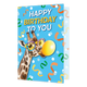 Happy birthday to you - Formaat: Klein - Vorm: Staand - Verjaardagskaart - Op deze wenskaart staat een giraffe afgebeeld die een zonnebril draagt en een gele kauwgombal blaast. Bovenaan de kaart staat in grote letters de tekst "HAPPY BIRTHDAY TO YOU". De achtergrond is blauw en is versierd met kleurrijke confetti en slingers. Het geheel heeft een vrolijke en feestelijke uitstraling. - Snelwenskaart