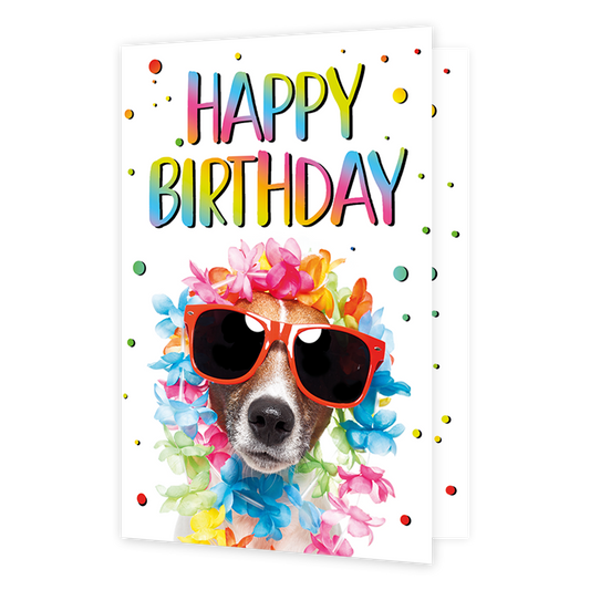 Happy Birthday - Formaat: Klein - Vorm: Staand - Verjaardagskaart - Op deze wenskaart staat een witte achtergrond met bovenaan de tekst "HAPPY BIRTHDAY" in vrolijke regenboogkleuren met een zwart schaduweffect. In het midden prijkt een grappige afbeelding van een hondje, een Jack Russell Terriër, die een grote rode zonnebril draagt. De hond is versierd met een kleurrijke bloemenkrans in tropische tinten zoals roze, blauw, oranje en geel. Over de gehele voorzijde van de kaart zijn kleine, gekleurde confetti