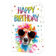 Happy Birthday - Formaat: Klein - Vorm: Staand - Verjaardagskaart - Op deze wenskaart staat een witte achtergrond met bovenaan de tekst "HAPPY BIRTHDAY" in vrolijke regenboogkleuren met een zwart schaduweffect. In het midden prijkt een grappige afbeelding van een hondje, een Jack Russell Terriër, die een grote rode zonnebril draagt. De hond is versierd met een kleurrijke bloemenkrans in tropische tinten zoals roze, blauw, oranje en geel. Over de gehele voorzijde van de kaart zijn kleine, gekleurde confetti