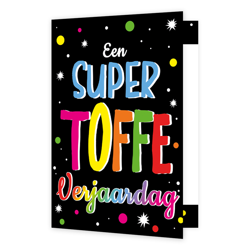 Een super toffe verjaardag - Formaat: Klein - Vorm: Staand - Verjaardagskaart - Op deze wenskaart staat de tekst: "Een super toffe verjaardag" op een zwarte achtergrond met sterren en stippen. - Snelwenskaart