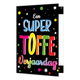 Een super toffe verjaardag - Formaat: Klein - Vorm: Staand - Verjaardagskaart - Op deze wenskaart staat de tekst: "Een super toffe verjaardag" op een zwarte achtergrond met sterren en stippen. - Snelwenskaart