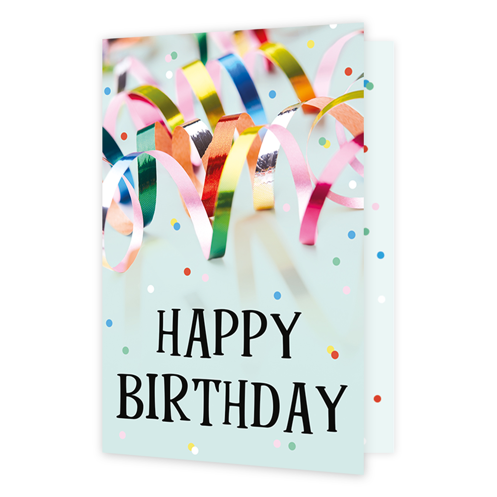 Happy birthday - Formaat: Klein - Vorm: Staand - Verjaardagskaart - Op deze wenskaart staat een feestelijke afbeelding van kleurrijke, glanzende slingers die in krullen over de bovenste helft van de kaart vallen. De slingers hebben diverse kleuren zoals roze, goud, blauw en groen en reflecteren het licht. De achtergrond is lichtblauw en is versierd met vrolijke, gekleurde confetti-stippen in tinten als rood, geel, groen en blauw. Onderaan de kaart staat in grote, zwarte blokletters de tekst "HAPPY BIRTHDAY
