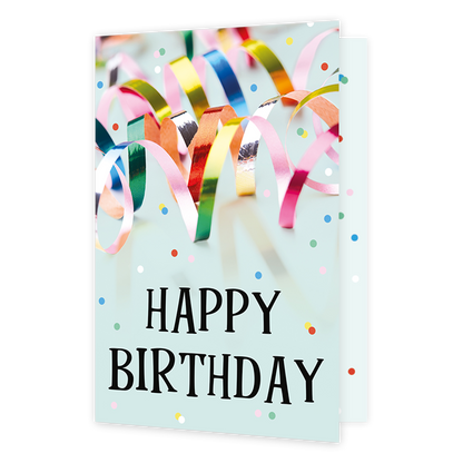 Happy birthday - Formaat: Klein - Vorm: Staand - Verjaardagskaart - Op deze wenskaart staat een feestelijke afbeelding van kleurrijke, glanzende slingers die in krullen over de bovenste helft van de kaart vallen. De slingers hebben diverse kleuren zoals roze, goud, blauw en groen en reflecteren het licht. De achtergrond is lichtblauw en is versierd met vrolijke, gekleurde confetti-stippen in tinten als rood, geel, groen en blauw. Onderaan de kaart staat in grote, zwarte blokletters de tekst "HAPPY BIRTHDAY