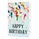 Happy birthday - Formaat: Klein - Vorm: Staand - Verjaardagskaart - Op deze wenskaart staat een feestelijke afbeelding van kleurrijke, glanzende slingers die in krullen over de bovenste helft van de kaart vallen. De slingers hebben diverse kleuren zoals roze, goud, blauw en groen en reflecteren het licht. De achtergrond is lichtblauw en is versierd met vrolijke, gekleurde confetti-stippen in tinten als rood, geel, groen en blauw. Onderaan de kaart staat in grote, zwarte blokletters de tekst "HAPPY BIRTHDAY