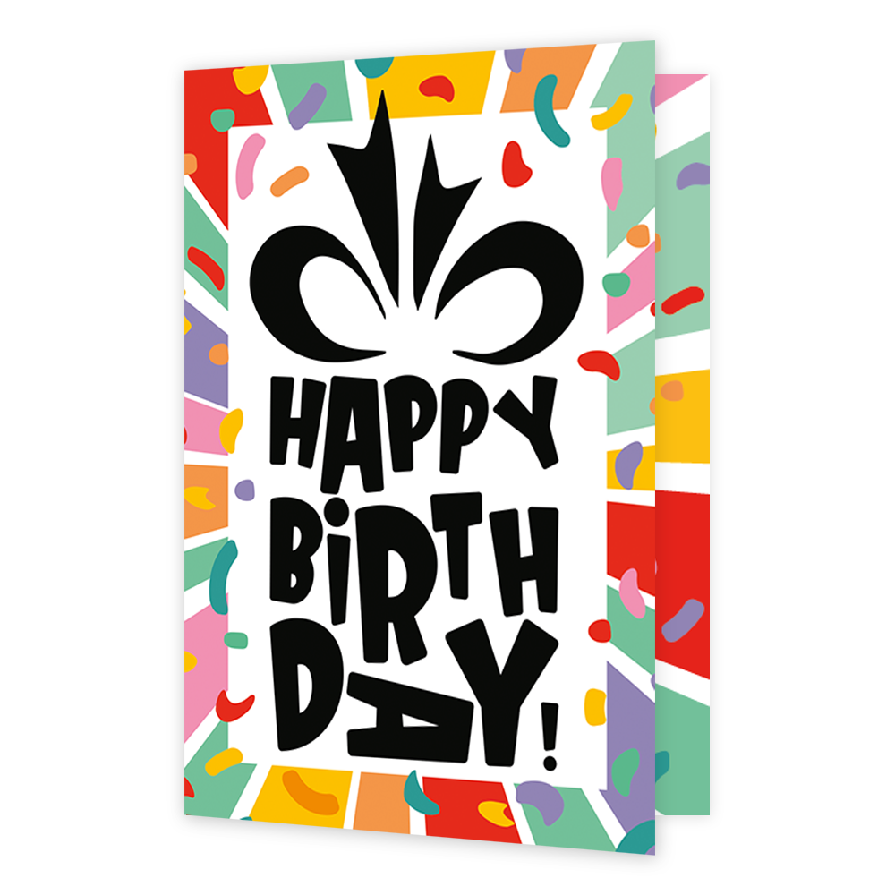 Happy birthday - Formaat: Klein - Vorm: Staand - Verjaardagskaart - Op deze wenskaart staat een grafisch en kleurrijk ontwerp met een wit centraal vlak. In dit vlak is een grote zwarte illustratie van een strik te zien, met daaronder de tekst "HAPPY BIRTHDAY!" in speelse, dikke zwarte letters die verspringen in grootte en positie. Het centrale witte gedeelte wordt omlijst door een brede rand met een dynamisch patroon van gekleurde stralen in tinten zoals rood, geel, groen, paars en roze. - Snelwenskaart