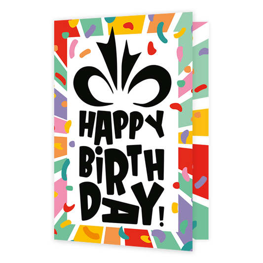Happy birthday - Formaat: Klein - Vorm: Staand - Verjaardagskaart - Op deze wenskaart staat een grafisch en kleurrijk ontwerp met een wit centraal vlak. In dit vlak is een grote zwarte illustratie van een strik te zien, met daaronder de tekst "HAPPY BIRTHDAY!" in speelse, dikke zwarte letters die verspringen in grootte en positie. Het centrale witte gedeelte wordt omlijst door een brede rand met een dynamisch patroon van gekleurde stralen in tinten zoals rood, geel, groen, paars en roze. - Snelwenskaart