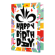 Happy birthday - Formaat: Klein - Vorm: Staand - Verjaardagskaart - Op deze wenskaart staat een grafisch en kleurrijk ontwerp met een wit centraal vlak. In dit vlak is een grote zwarte illustratie van een strik te zien, met daaronder de tekst "HAPPY BIRTHDAY!" in speelse, dikke zwarte letters die verspringen in grootte en positie. Het centrale witte gedeelte wordt omlijst door een brede rand met een dynamisch patroon van gekleurde stralen in tinten zoals rood, geel, groen, paars en roze. - Snelwenskaart