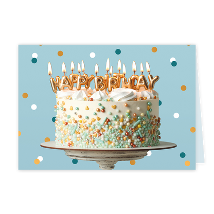 Happy birthday - Formaat: Klein - Vorm: Liggend - Verjaardagskaart - Op deze wenskaart staat een feestelijke afbeelding van een rijk versierde verjaardagstaart op een witte taartstandaard. De taart is bedekt met wit glazuur en aan de onderzijde uitbundig gedecoreerd met kleurrijke hagelslag en suikerbolletjes in tinten zoals mintgroen, geel en brons. Bovenop de taart prijken toeven witte slagroom en brandende kaarsjes in de vorm van goudkleurige letters die samen de woorden "HAPPY BIRTHDAY" vormen. De acht