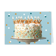 Happy birthday - Formaat: Klein - Vorm: Liggend - Verjaardagskaart - Op deze wenskaart staat een feestelijke afbeelding van een rijk versierde verjaardagstaart op een witte taartstandaard. De taart is bedekt met wit glazuur en aan de onderzijde uitbundig gedecoreerd met kleurrijke hagelslag en suikerbolletjes in tinten zoals mintgroen, geel en brons. Bovenop de taart prijken toeven witte slagroom en brandende kaarsjes in de vorm van goudkleurige letters die samen de woorden "HAPPY BIRTHDAY" vormen. De acht