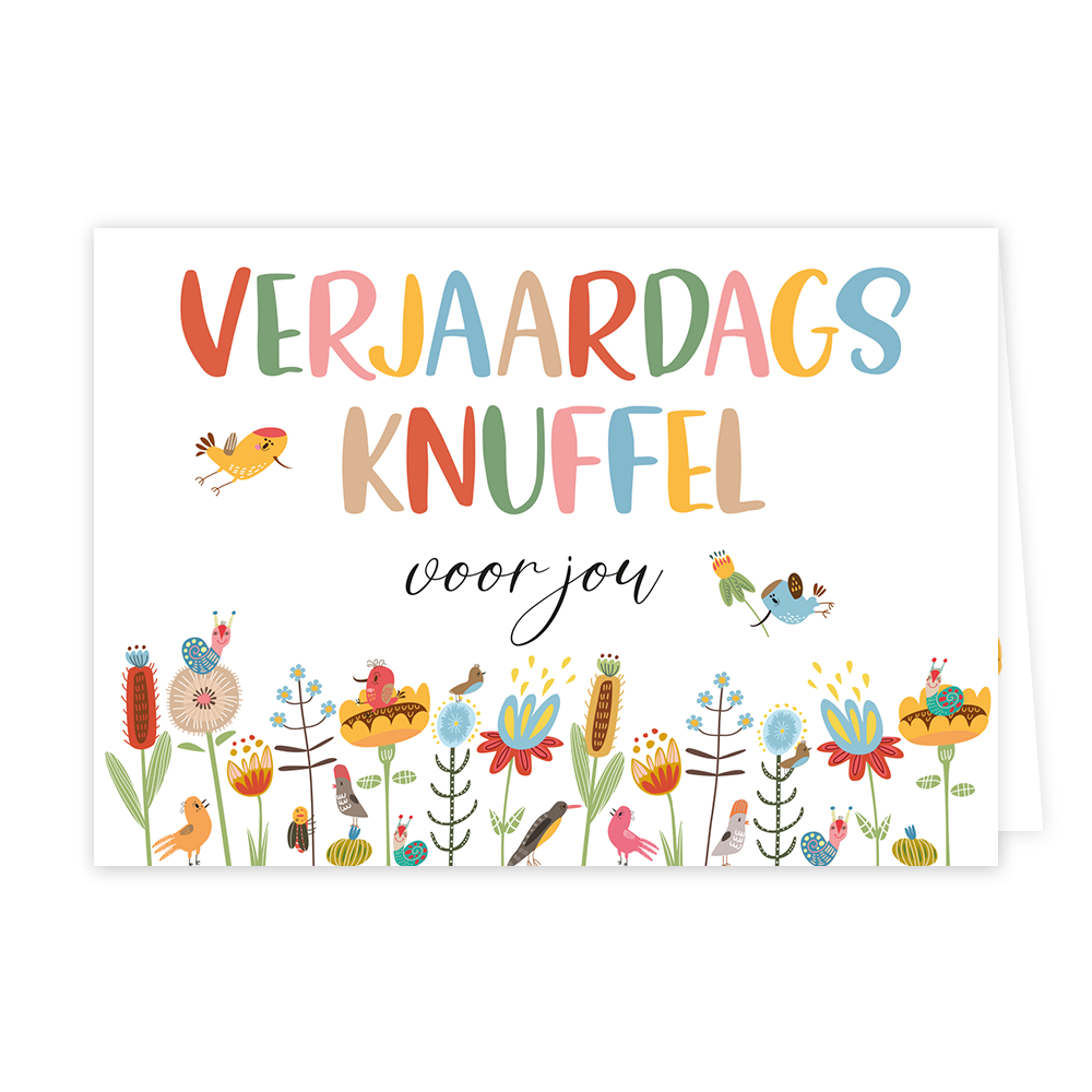 Verjaardagsknuffel voor jou - Formaat: Klein - Vorm: Liggend - Verjaardagskaart - Op deze wenskaart staan bloemen en diertjes in de kleuren blauw, geel, oranje, rood, roze en groen. Daarboven staat de tekst: "Verjaardags knuffel voor jou". - Snelwenskaart