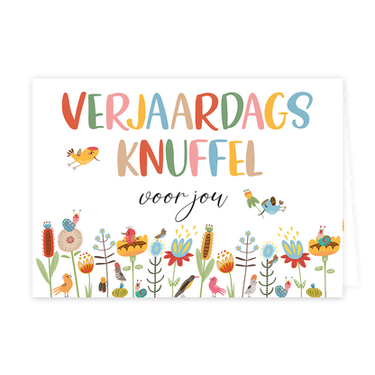 Verjaardagsknuffel voor jou - Formaat: Klein - Vorm: Liggend - Verjaardagskaart - Op deze wenskaart staan bloemen en diertjes in de kleuren blauw, geel, oranje, rood, roze en groen. Daarboven staat de tekst: "Verjaardags knuffel voor jou". - Snelwenskaart