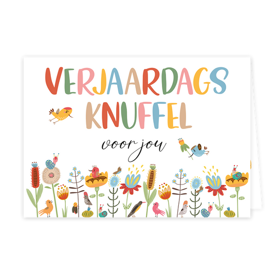 Verjaardagsknuffel voor jou - Formaat: Klein - Vorm: Liggend - Verjaardagskaart - Op deze wenskaart staan bloemen en diertjes in de kleuren blauw, geel, oranje, rood, roze en groen. Daarboven staat de tekst: "Verjaardags knuffel voor jou". - Snelwenskaart