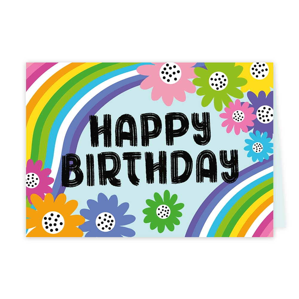 Happy birthday - Formaat: Klein - Vorm: Liggend - Verjaardagskaart - Op deze wenskaart staat de tekst "HAPPY BIRTHDAY" centraal in een robuust, zwart lettertype met een gestreept effect. De achtergrond is lichtblauw en wordt aan weerszijden geflankeerd door een kleurrijke regenboog die diagonaal over de kaart loopt. Rondom de tekst bevinden zich diverse bloemen in felle kleuren, zoals roze, geel, paars, oranje, groen en blauw, elk met een wit hartje met zwarte stippen. Het geheel heeft een vrolijke, grafis
