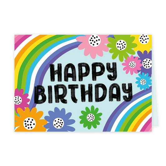 Happy birthday - Formaat: Klein - Vorm: Liggend - Verjaardagskaart - Op deze wenskaart staat de tekst "HAPPY BIRTHDAY" centraal in een robuust, zwart lettertype met een gestreept effect. De achtergrond is lichtblauw en wordt aan weerszijden geflankeerd door een kleurrijke regenboog die diagonaal over de kaart loopt. Rondom de tekst bevinden zich diverse bloemen in felle kleuren, zoals roze, geel, paars, oranje, groen en blauw, elk met een wit hartje met zwarte stippen. Het geheel heeft een vrolijke, grafis