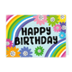 Happy birthday - Formaat: Klein - Vorm: Liggend - Verjaardagskaart - Op deze wenskaart staat de tekst "HAPPY BIRTHDAY" centraal in een robuust, zwart lettertype met een gestreept effect. De achtergrond is lichtblauw en wordt aan weerszijden geflankeerd door een kleurrijke regenboog die diagonaal over de kaart loopt. Rondom de tekst bevinden zich diverse bloemen in felle kleuren, zoals roze, geel, paars, oranje, groen en blauw, elk met een wit hartje met zwarte stippen. Het geheel heeft een vrolijke, grafis