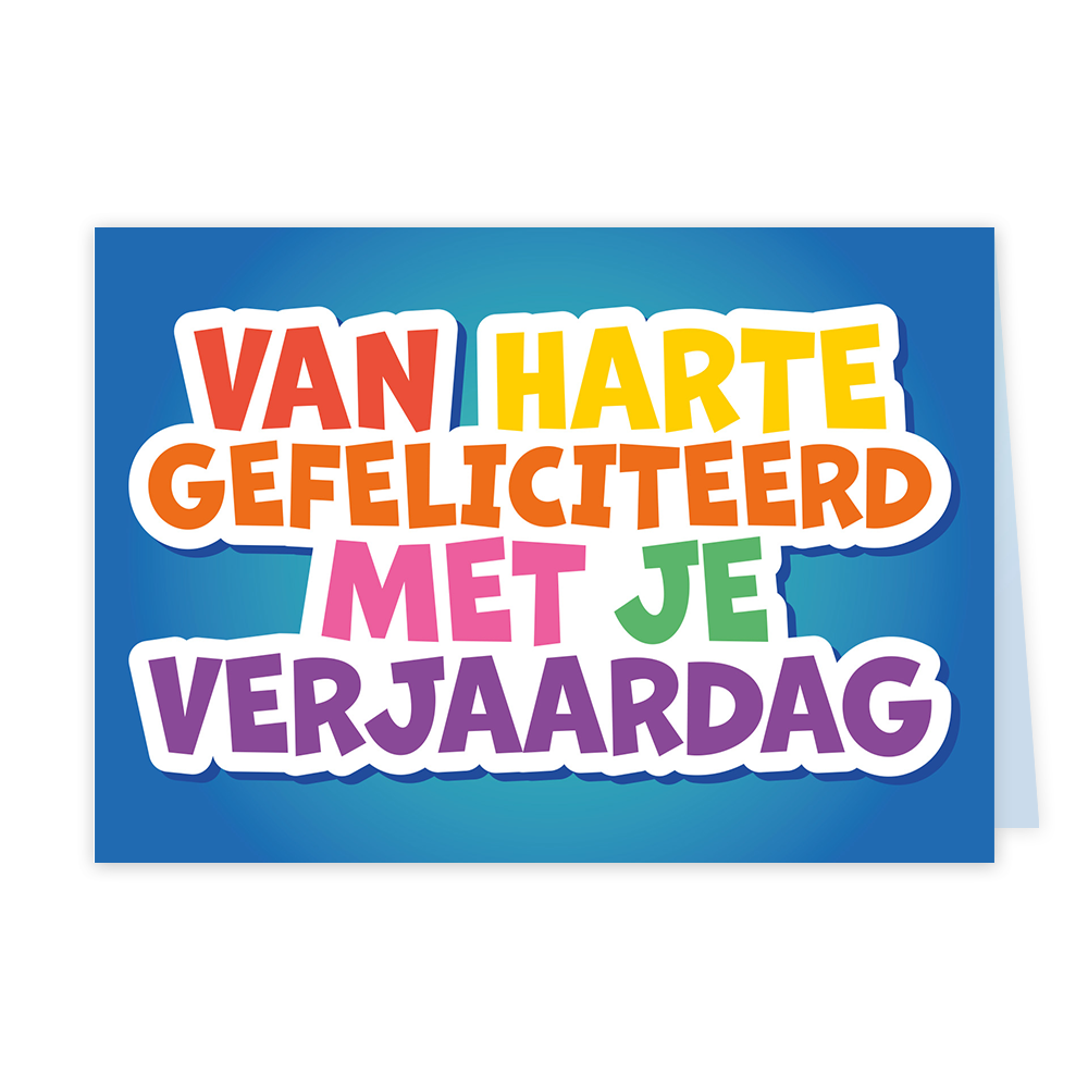 Van harte gefeliciteerd met je verjaardag - Formaat: Klein - Vorm: Liggend - Vriendschapskaart - Op deze wenskaart staat de tekst "VAN HARTE GEFELICITEERD MET JE VERJAARDAG" in grote, kleurrijke letters centraal afgebeeld. De woorden zijn uitgevoerd in verschillende kleuren, waaronder rood, geel, oranje, roze, groen en paars, en zijn voorzien van een witte omlijning. De gehele tekst is geplaatst tegen een blauwe achtergrond die naar het midden toe lichter van kleur wordt. - Snelwenskaart