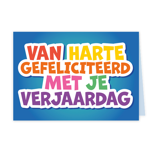 Van harte gefeliciteerd met je verjaardag - Formaat: Klein - Vorm: Liggend - Vriendschapskaart - Op deze wenskaart staat de tekst "VAN HARTE GEFELICITEERD MET JE VERJAARDAG" in grote, kleurrijke letters centraal afgebeeld. De woorden zijn uitgevoerd in verschillende kleuren, waaronder rood, geel, oranje, roze, groen en paars, en zijn voorzien van een witte omlijning. De gehele tekst is geplaatst tegen een blauwe achtergrond die naar het midden toe lichter van kleur wordt. - Snelwenskaart