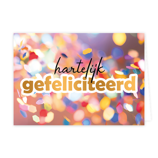 Hartelijk gefeliciteerd - Formaat: Klein - Vorm: Liggend - Verjaardagskaart - Op deze wenskaart staat de tekst: "Hartelijk gefeliciteerd" met op de achtergrond confetti. - Snelwenskaart