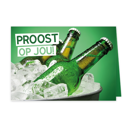 Proost op jou! - Formaat: Klein - Vorm: Liggend - Proost kaart - Op deze wenskaart staan flesjes bier in een emmer met ijs met de tekst: "Proost op jou!" - Snelwenskaart