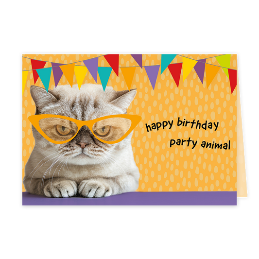 Happy birthday party animal - Formaat: Klein - Vorm: Liggend - Felicitatiekaart - Op deze wenskaart staat een kat met slingers met daarbij de tekst: "Happy birthday party animal". - Snelwenskaart