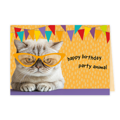 Op deze wenskaart staat een kat met slingers met daarbij de tekst: "Happy  birthday party animal". 